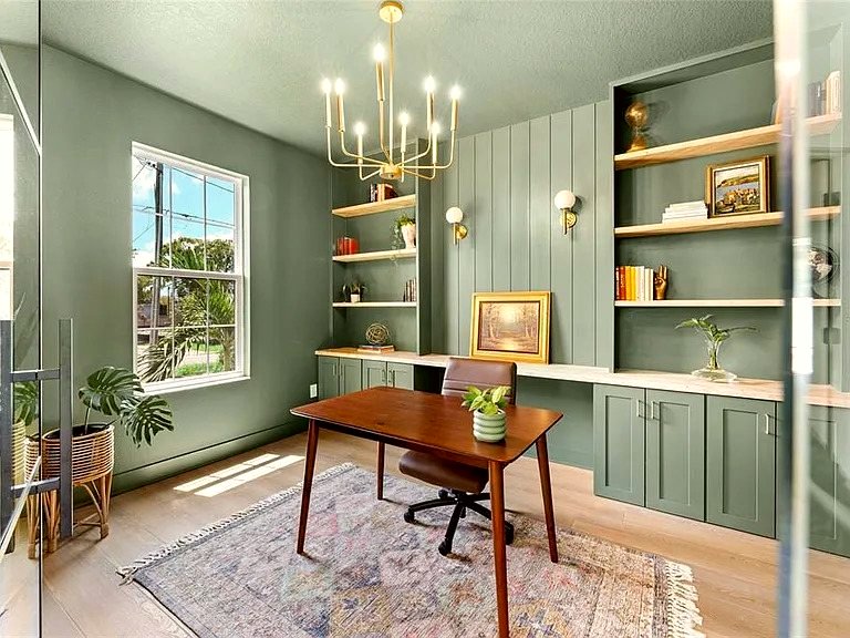 Finished home office with custom built-ins