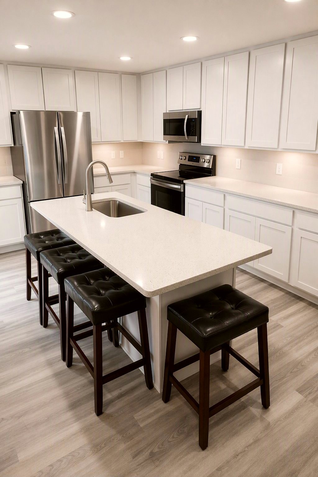 Finished white kitchen remodel with black stools