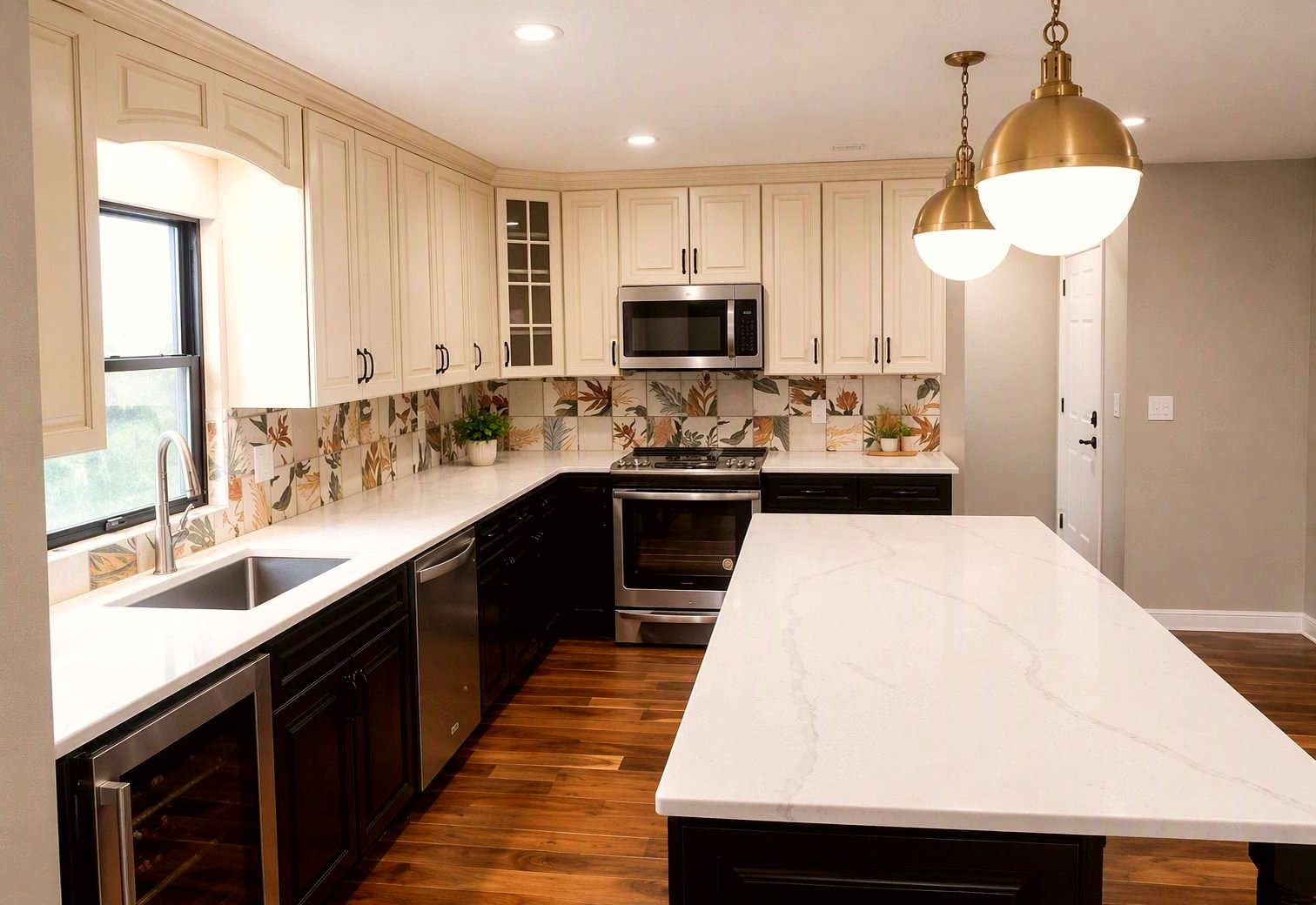 Kitchen remodel completed by Wages Construction, with dark cabinetry, quartz countertops and brass pendant lighting