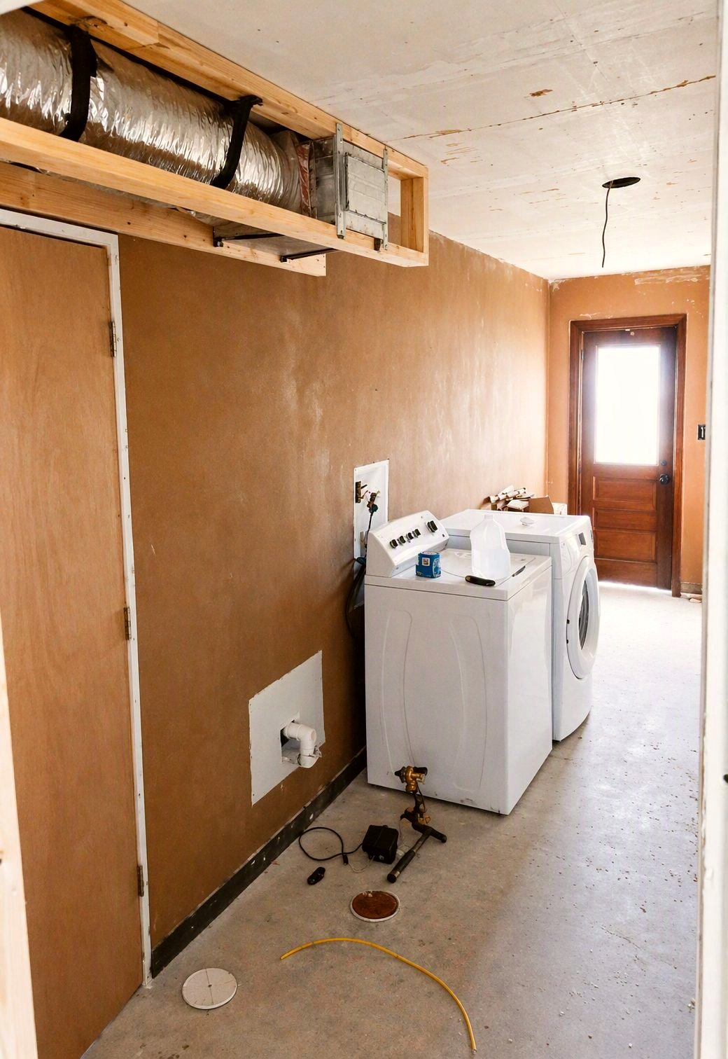 Same laundry room before renovation, showing bare drywall and subfloor