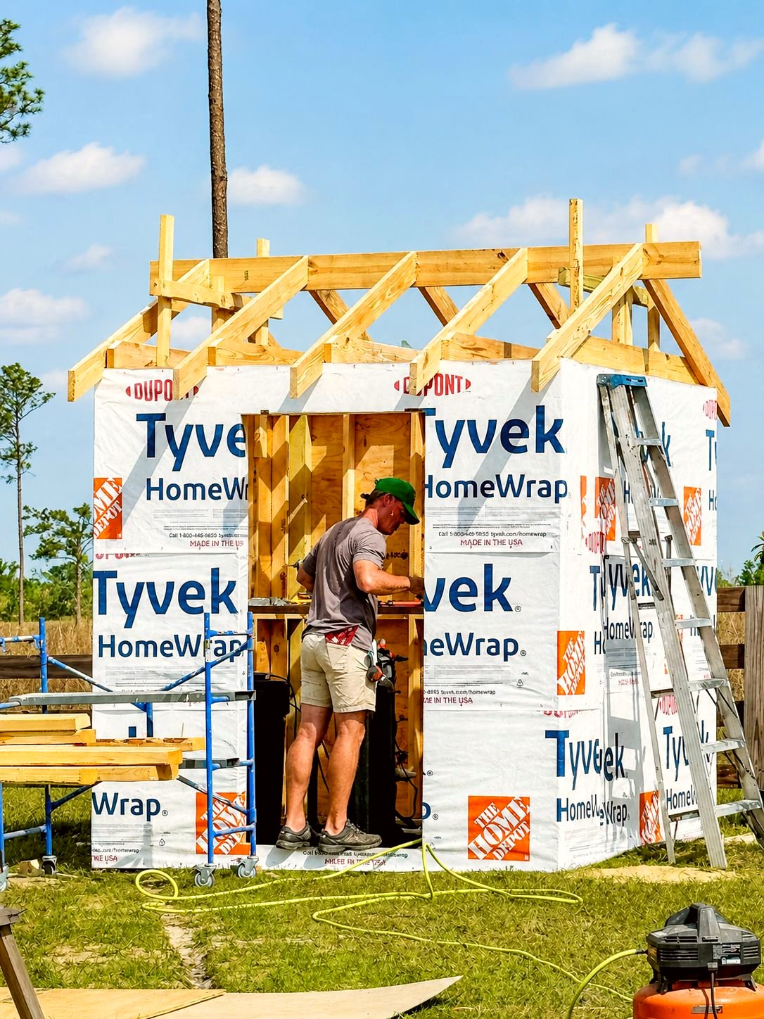 Crew wrapping a new structure in house wrap