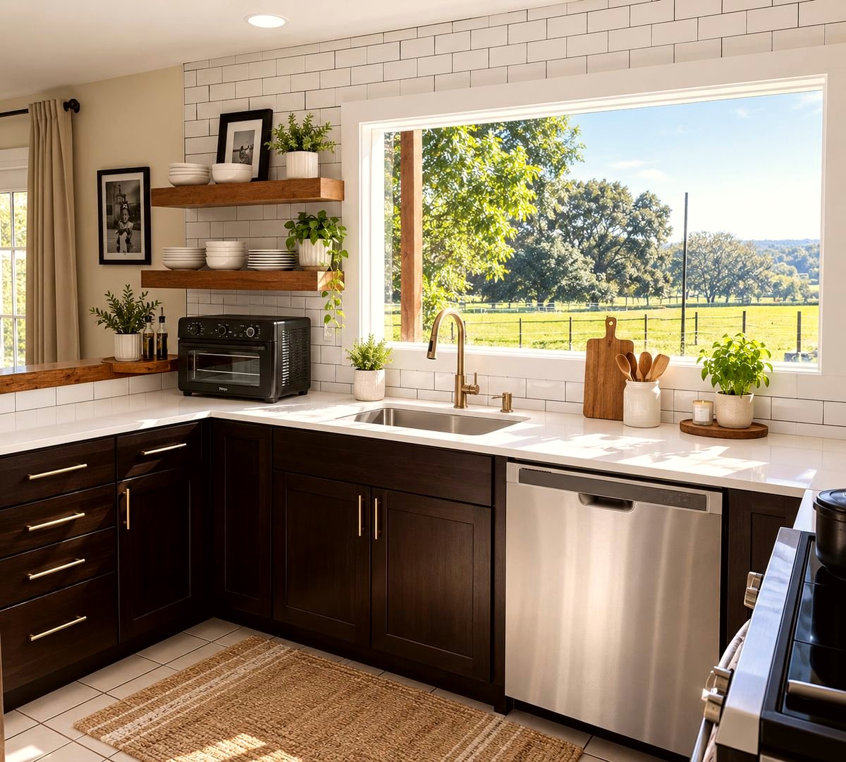 Finished farmhouse-style kitchen with subway tile and brass hardware