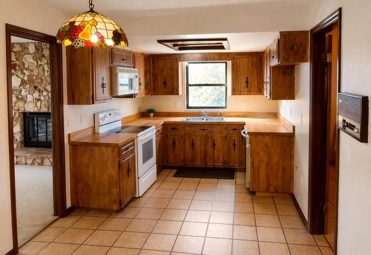 Before, dated kitchen with wood cabinets