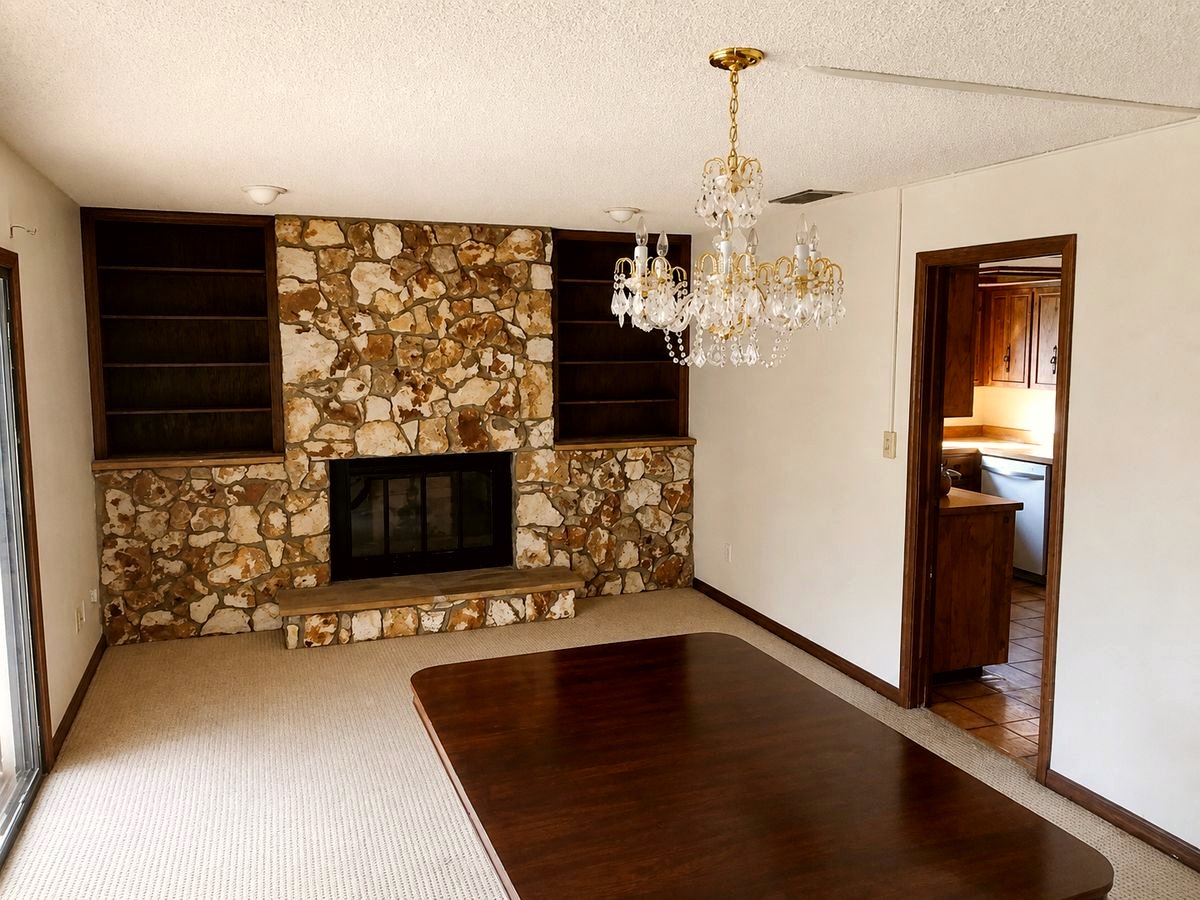 Before, dining area with original stone fireplace