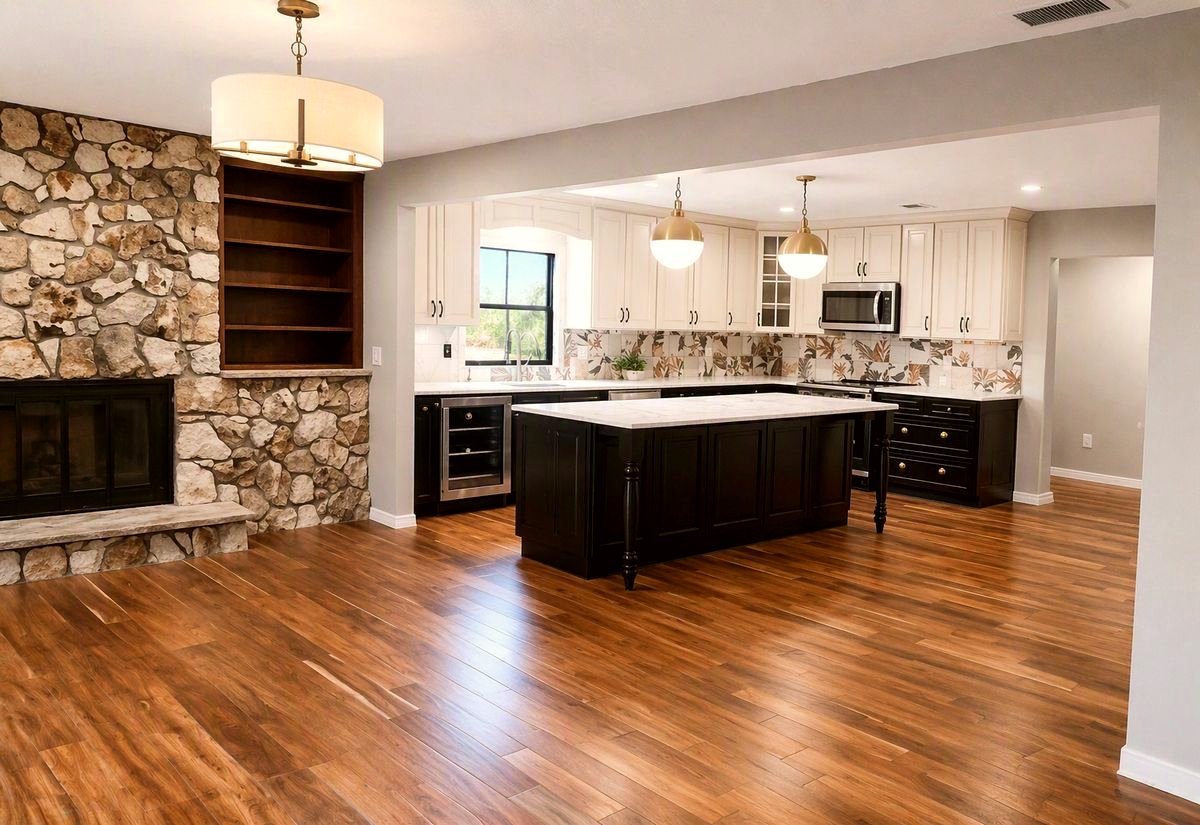 Finished kitchen and living room with stone fireplace