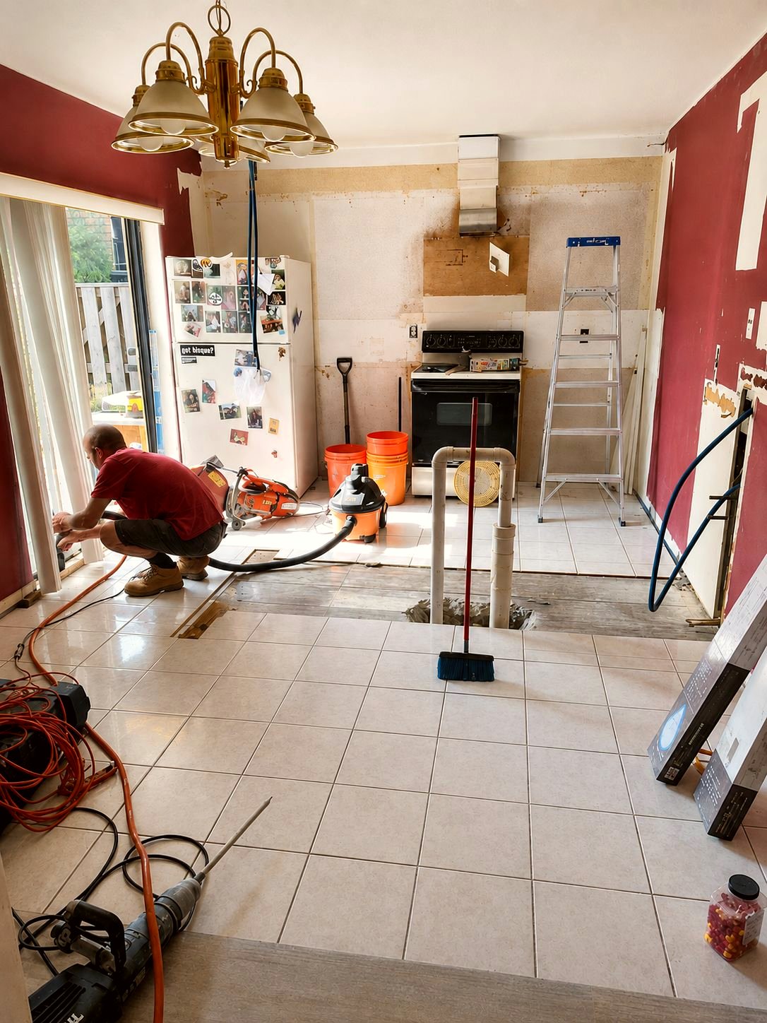 Before, empty kitchen with red accent wall
